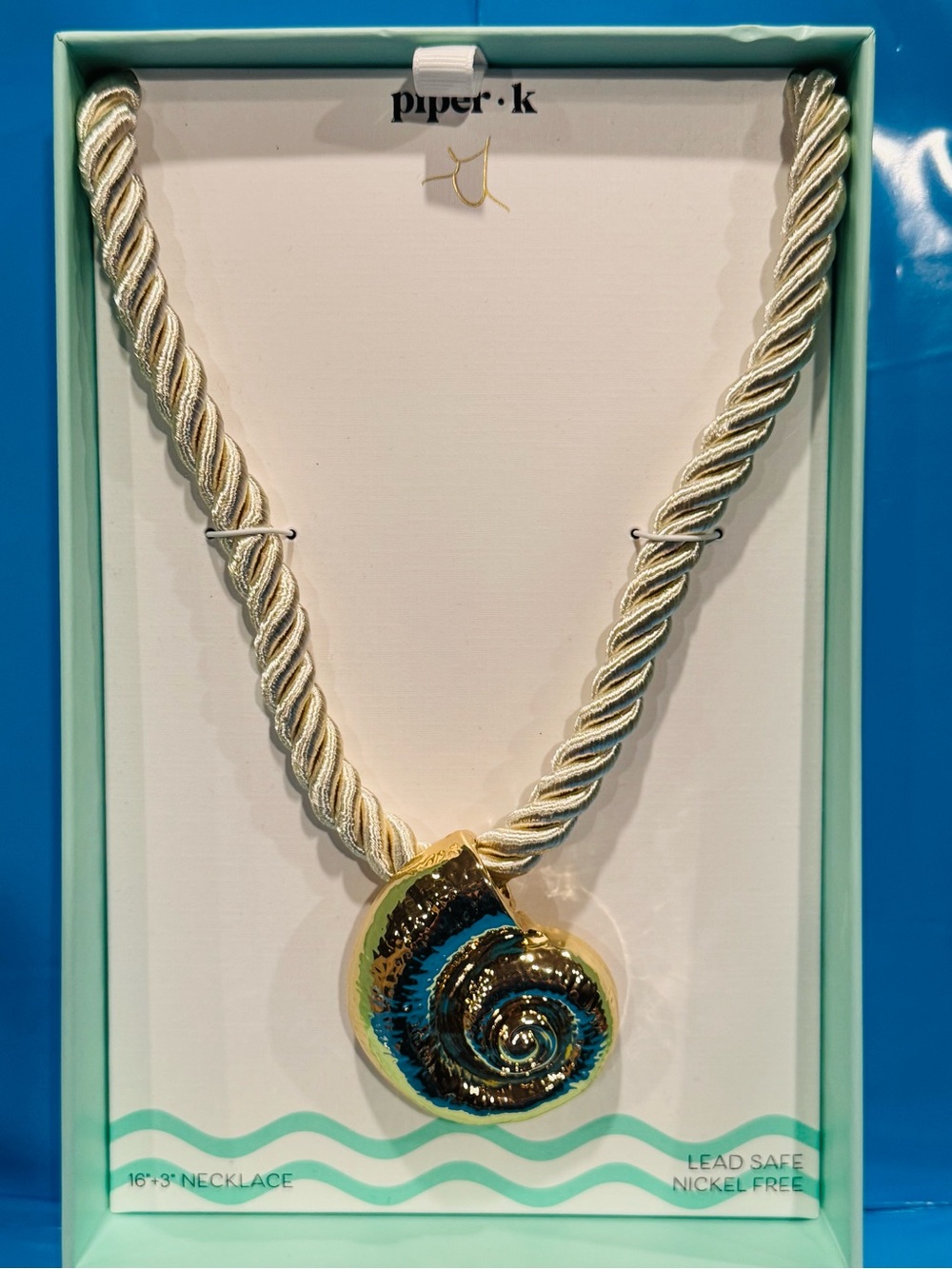 Piper K Gold and Turquoise Spiral Shell Pendant on Twisted Cream Rope